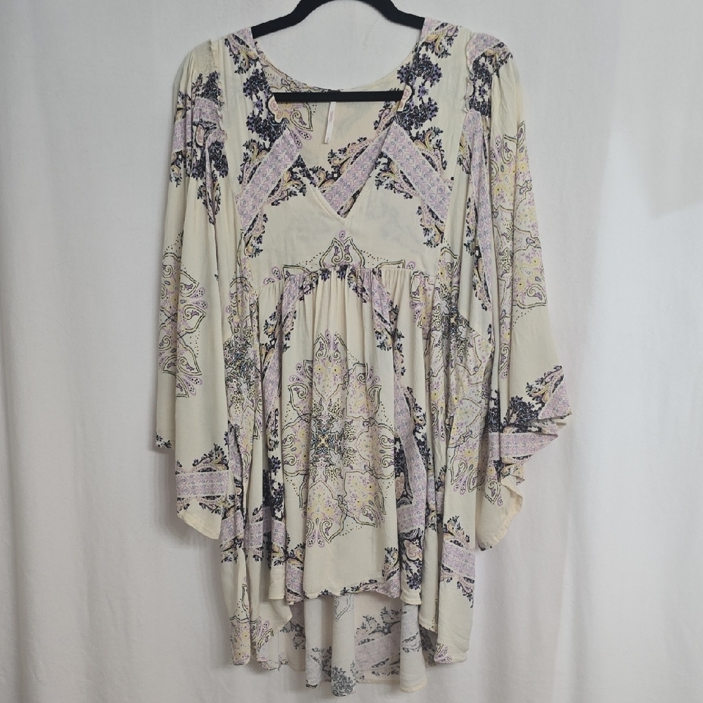 Free People Cream and Purple Patterned Tunic Top With Flowy Bell Sleves